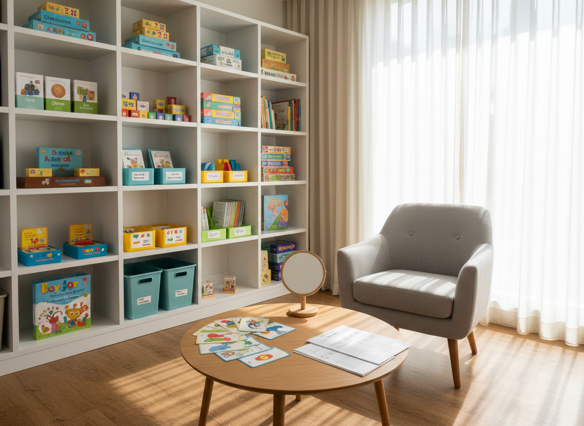A neatly organized speech therapy consultation room in a modern clinic, shown without any people. A comfortable upholstered armchair faces a low wooden table holding colorful picture cards, a small mirror, and neatly stacked assessment forms. Behind, built-in white shelves display language games and therapy materials in labeled boxes. Soft daylight enters through a large window with sheer curtains, creating gentle highlights on the surfaces and a calm, even illumination. Photographic realism at eye level, with a slightly wide-angle composition that shows the whole room, clean lines, and a professional, welcoming atmosphere suitable for communication and language therapy.
