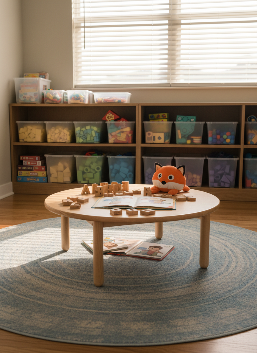 A dedicated corner of a clinic designed for child language therapy, but shown empty of people. A low, round wooden table stands on a soft, textured rug in calming blues and grays. On the table are wooden letter tiles, simple picture books about communication, and a small, friendly-looking plush toy. Open shelving in the background holds puzzles, stacking toys, and language games arranged by color in clear bins. Natural afternoon light filters through a high window, softened by white blinds, creating a warm, reassuring ambience. Photographic realism with a slightly lower-than-eye-level angle, evoking a safe, engaging, and structured environment for pediatric communication support.