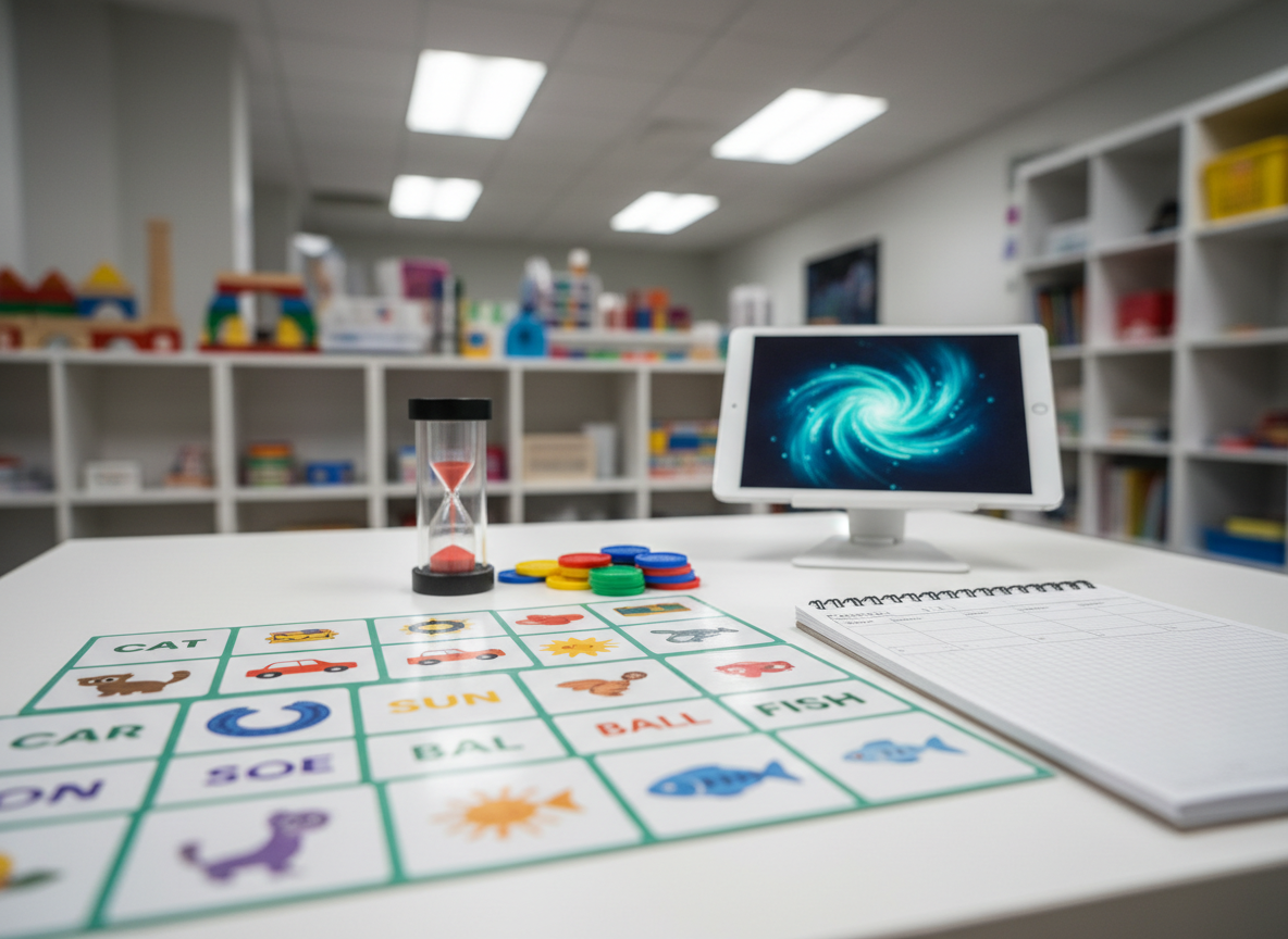 A close-up, photographic view of a speech therapy table set up for an articulation session, with no people present. On a matte white tabletop lie vivid picture cards showing everyday objects, a small sand timer, brightly colored tokens, and a spiral-bound notebook open to a blank progress sheet. A tablet device rests on a simple stand, displaying an abstract interface with soft blue and green tones. Overhead diffused clinic lighting casts soft, shadowless light, emphasizing clarity and cleanliness. Shot from a slightly elevated angle with shallow depth of field, the foreground cards are in sharp focus while shelves with neatly arranged therapy materials blur gently in the background, creating a focused yet inviting clinical mood.